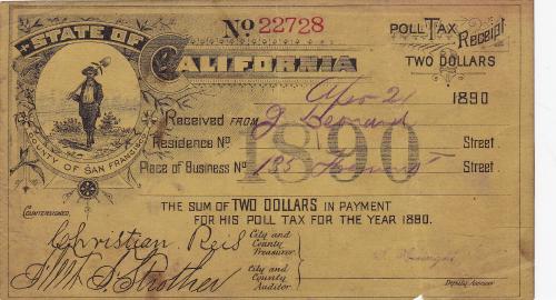 POLL TAX RECEIPT FROM 1890 - JAMES LEONARD